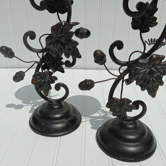 Metal Bronze Acorn Grape Leaf Candlestick Pair Pillar Candle Holder Thanksgiving - Picture 3 of 16